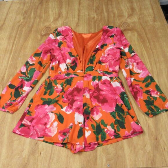 LULUS Sweetest Song Orange Floral Print Romper Sz Large Backless Long Sleeve NWT - Picture 12 of 13